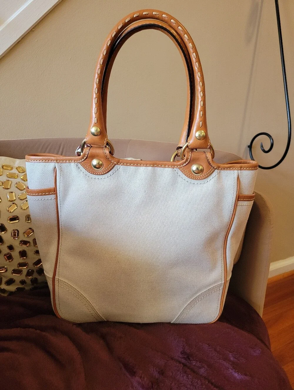 Coach Tattersal Silk Lining Leatherware Canvas Tote Bag in Beige with Tan Trim